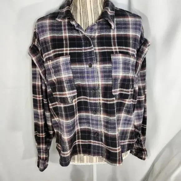 Universal Thread Tops - Universal Thread Black Puple White Orange Plaid Flannel Top Size Large